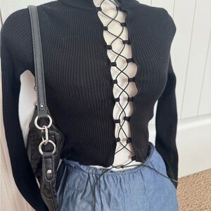 Black Lace-Up Ribbed Crop Top